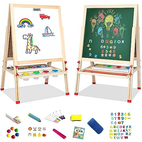 Savieva Holz Doppelseitige Kreidetafel für Kinder Tafel Malerei Holztafel Maltafel Schreib Schultafel für Kinder ab 3-15 Jahre ，Kreidetafel und Whiteboard Höhenverstellbar Standtafel (Extra groß)