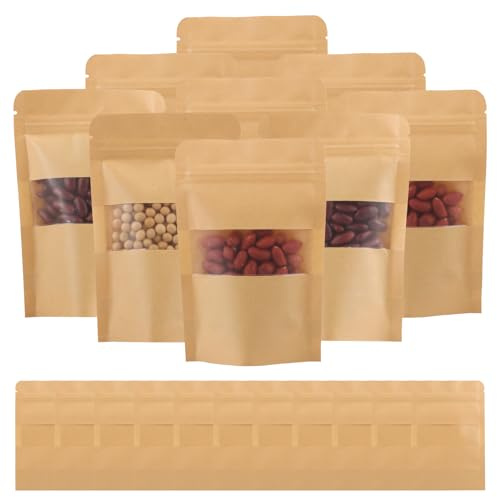 APACALI 300PCS Sachet kraft Alimentaire avec Fenetre, 10 x 15 cm Sachet Kraft Zip Réutilisables, Imperméable Sac Kraft Alimentaire Petit Format pour Noix, Café, Thé