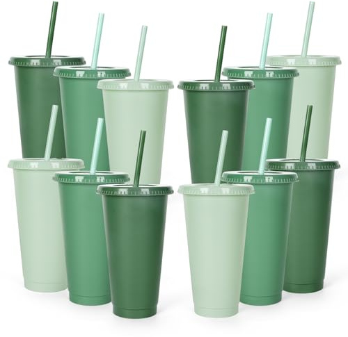 Whaline 12 Stück salbeigrüne Kunststoffbecher mit flachem Deckel und Strohhalmen, 680 ml, Farbverlauf, Grün, wiederverwendbar, Reisebecher, Party-Trinkgeschirr, Dekoration für Eiskaffee, Getränke