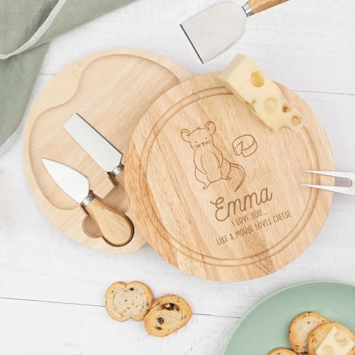 Wanapix | Tabla de Quesos Personalizada | Set Tabla + 4 Cuchillos de Acero Inoxidable | Bandeja/Estuche de Madera con Texto Grabado | 22ø cm | Te quiero ratón
