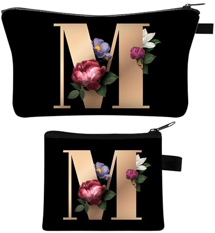 2 Stück Personalisierte Make Up Tasche, Geschenke für Freundin Mütter, A-Z Personalisierte Damen Kosmetiktasche, Geburtstagsgeschenke für Frauen, Beste Freundin, Initiale Schminktäschchen (M)