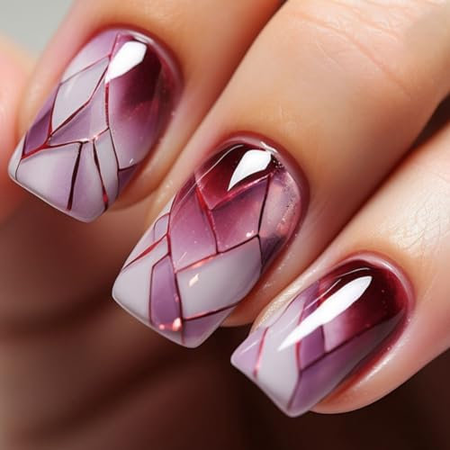 JUSTOTRY 24 Stück Burgundy Rot Nägel Zum Aufkleben Kurz,Einfarbig Eckig Press on Nails Design,Glossy Stripes Kunstnägel Fake Nails,French Square Fingernägel Künstliche Nägel für Frauen