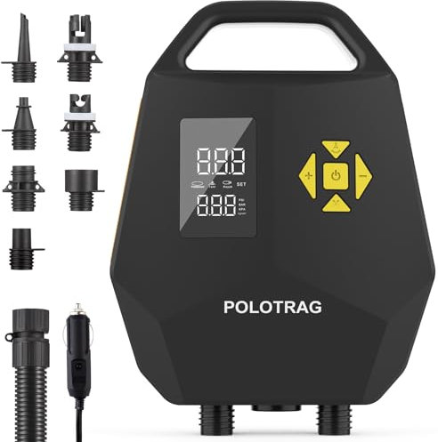 Polotrag Paddle Board Pump, SUP Pump Electric Portable with Auto-Off/Deflation, Dual Stage 12V DC Car Connector Air Pump for Inflatables, Kayak and Air Mattress(Yellow)