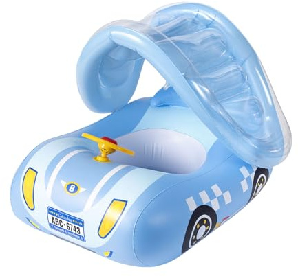 XQMMGO Baby-Schwimmer, aufblasbarer Baby-Pool-Schwimmer mit LSF 50+ Sonnendach und Sicherheits-Bodenstütze, Baby-Urlaubszubehör für Kinder von 1–6 Jahren (blau)