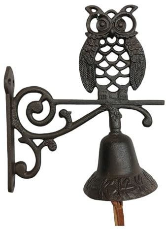Goldbach Wandglocke Eule aus Gusseisen 22cm Türglocke Guss, Gartendeko, antikes Design, Dunkelbraun, 1 Stück Glocke, Antik Retro Landhaus Ornament