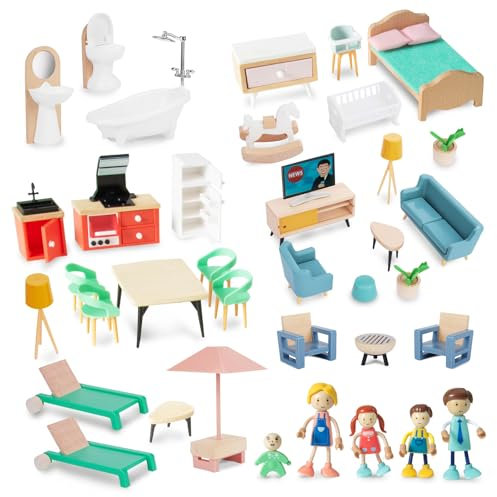 Smartwo Ensemble de Meubles de Maison de Poupée 43PCS, Accessoires Maison Poupee, Meubles et Familles Miniatures en Bois et Plastique, Cuisine Chambres Personnages pour Dollhouse, Idee Cadeau Fille