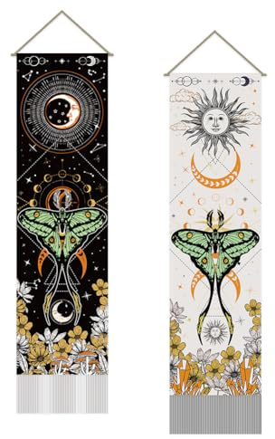 SUPERDANT Wandteppich Mit Mond Und Sonne Wahrsagerei Motten Wandbehang Wall Tapestry Blumen Wanddecke 2 Stück Langer Wandtuch Wandteppiche Mit Quasten Design Für Wohnzimmer Schlafzimmer Dekoration