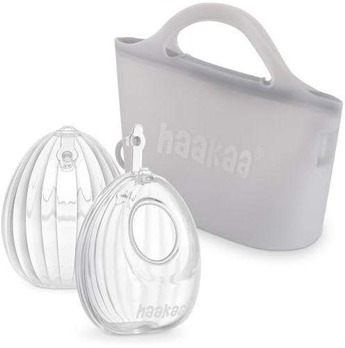 haakaa Bärbar bröstpump i silikon med steriliseringspåse, 2-i-1 handsfree passiv bröstmjölkfångare för amning, amningsbehov, 2-pack 75 ml pumpar och 1 steriliseringsväska