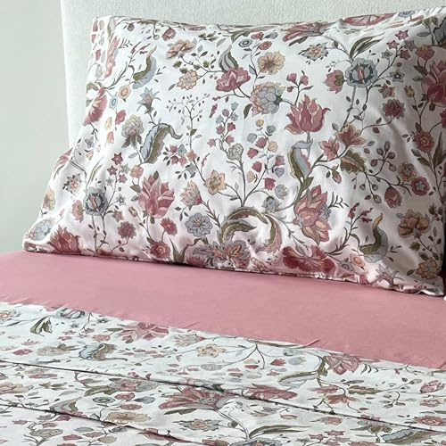 Juego de Sábanas Blancas100% Algodón Estampado Floral Rosa Primavera – 3 o 4 Piezas (Bajera + Encimera + 1 o 2 Fundas de Almohada) – Suave, Transpirable y Alegre – Varios Tamaños (CAMA 90 CM)