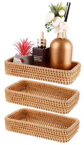 MIVIDE 3pcs Plateau de Service en Rotin, 21 x 11 x 4 cm Plateaux de Service Rectangulaire, Plateau de Salle de Bain Tissé pour Le Rangement, Décoratif