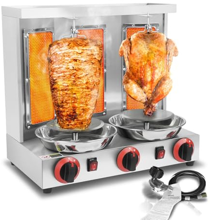 XXUNYNUIN 3 Burners Shawarma Grill Machine Gas Vertical Rotisserie Chicken Machine, 30 lbs Capacity Countertop Rotating Broiler Gyro Meat, 110V