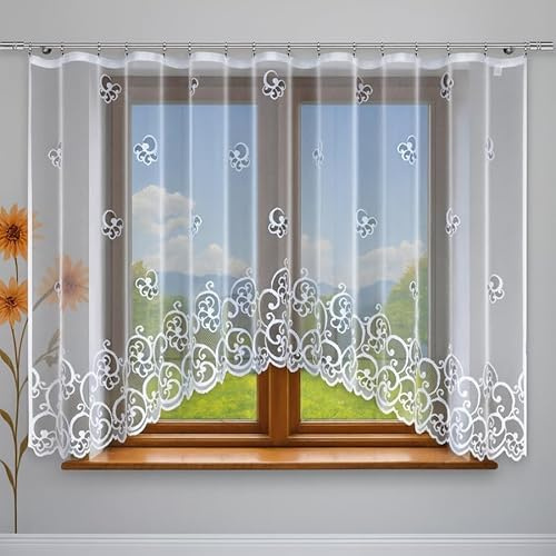 Gardinen Vorhangen Weiß Jacquard 300x180 cm (BxH) Austina Bogen Schneeweiß Kräuselband 1:2 Mit Eleganter Stickerei Fertiggardine