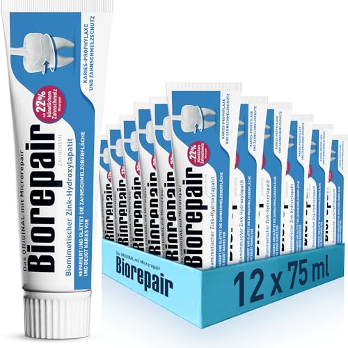 Biorepair Zahncreme – Karies und Zahnschmelzschutz – Repariert und glättet die Zahnschmelzoberfläche und beugt Karies vor – mit 22% künstlichem Zahnschmelz microRepair – 75ml (75ml (12er Pack))