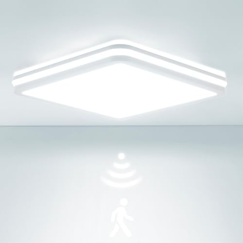 LEZOE LED Deckenleuchte mit Bewegungsmelder IP65 Wasserdicht, 24W/30W 4500lm 150(Lm/W) Sensor Radar Deckenlampe 3000K/4000K/6500K Feuchtraumleuchte Ideal für Bad, Garage, Keller, Balkon, Diele 26x26cm