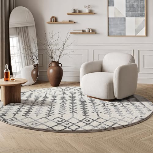 SANAT Boho Teppich – Moderner Teppich im Boho Stil, Geeignet für Wohnzimmer, Schlafzimmer, Flur, Esszimmer und Kinderzimmer – Vintage Creme, Größe: 120 cm Rund