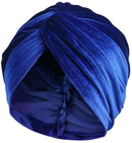 HIQUACC Women's Velvet Turban Hat Pre-Tied Headwrap Beanie Cap for Cancer Chemo Hair Loss (Blue)
