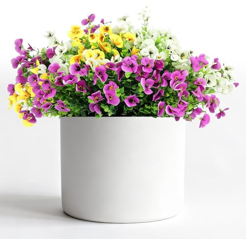 Artificial Pansy Flowers Outdoor, 36 Bundles Mixed Colours UV Resistant | Faux silk & plastic,12 purple/12 yellow/12 white,eucalyptus leaves,for planters,window boxes,porches,no maintenance