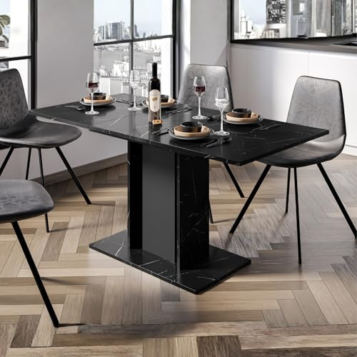 PHD FURNITURE Extendable Dining Table with Marble Effect WOOD MINI – Small Extending Table 100-140 cm for 4 Seater - Modern Design & Easy to Clean (Black Royal Marble Effect)