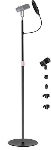 Mikrofon-Bodenständer, 160 cm, Teleskop-Mikrofonständer für HyperX Razer Fifine Blue Yeti Mikrofon mit Mikrofon-Clip, 1/4-Gewinde und 3/8 5/8-Adapter, Pop-Filter und Kabelclips für Gesangsaufnahmen