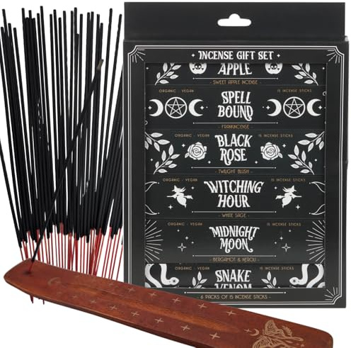 Gothic Incense Mega Pack, 90 Sticks with Holder, 6 Scents: Midnight Moon, Spell Bound, Black Rose, Snake Venom, Poison Fruit, Witching Hour, Vegan Handmade (Mystic Moth Design)