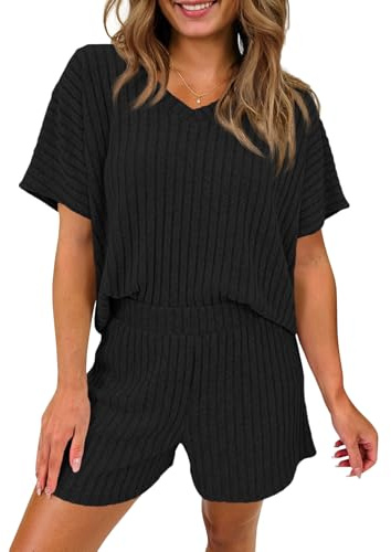 Tankaneo Womens 2 Piece Short Sets Lounge Outfits Summer Ribbed V Neck Short Sleeve Tops Casual Pajama Sets