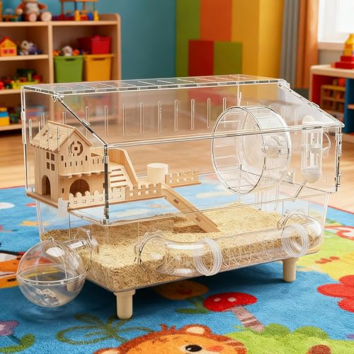 Hamsterkäfig Groß für Goldhamster & Zwerghamster, XXL Nagerkäfig 2 Etagen mit 11-TLG Zubehör, Acryl Kleintierkäfig Durchsichtig, Stabiler Nagerstall für Degus, Komplettset Montagefertig
