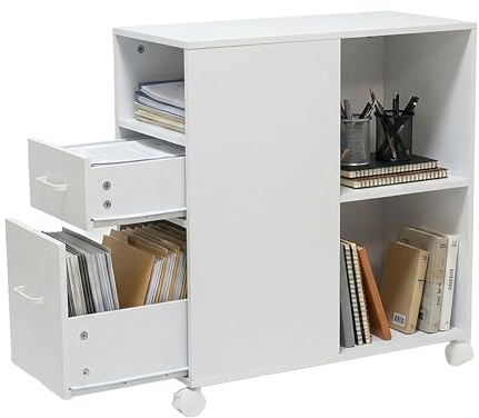 Relaxdays Rollcontainer, 2 Schubladen, 3 Fächer, HxBxT: 65 x 30 x 60 cm, MDF, Büro Unterschrank, Aktenschrank, weiß