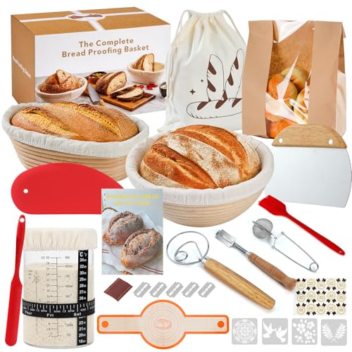 Gärkörbchen Rund + Ovale, Sauerteig Starter Set, 31-teilig Gärkorb Brot, Mit Sauerteig Starterglas, Brotbacken Startver Set Großes Geschenk für Anfänger, Erfahrener Bäcker, Rattan