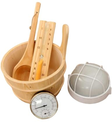FewNvWa Sauna Zubehör Set Holz Saunaeimer Saunakelle Sanduhr Thermometer Explosionsgeschützte Lampe Stabil Und Dekorativ für Spa Landschaft Saunaanlage Clubsa, Runde Lampe