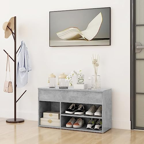 ROMHZKS Scarpiera grigio cemento, 80 x 30 x 45 cm, in legno con seduta, 2 ripiani a destra, scomparto sinistro e baule per riporre scarpe, libri e accessori