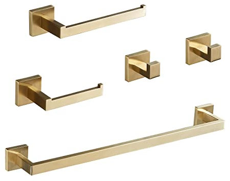 GTS3190BG - Accesorios de baño de 23.6 pulgadas, 2 ganchos, soporte papel higiénico, soporte toallas de mano, acero inoxidable, oro cepillado