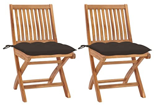 vidaXL 2X Teak Massiv Gartenstuhl mit Taupe Kissen Klappbar Holzstuhl Stuhl Stühle Klappstuhl Gartenstühle Terrasse Balkon Gartenmöbel