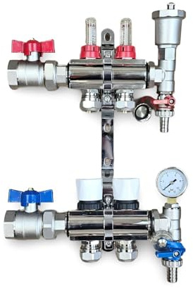 Water Underfloor Heating 2 Port Complete Manifold with Pipe Connections, Ball Valves, Automatic Air Vent and Pressure Gauge End Unit