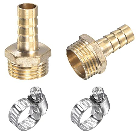 sourcing map Brass Hose Barb Fitting Straight 10mm x G1/2 Male Thread Pipe Connector with Stainless Steel Hose Clamp, Pack of 2