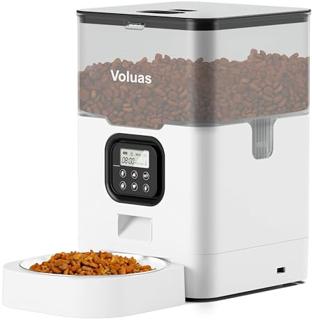 VOLUAS Dry Cat Food Dispenser with Timer, Automatic Cat Feeders with Desiccant Bag, Portion Size Control Programmable 4 Meals a Day, Voice Recorder 10 Seconds