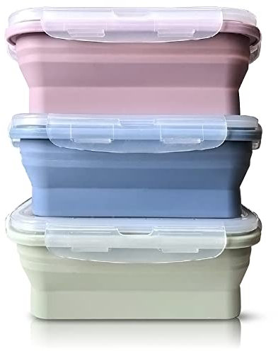 JUVEL Lunchbox aus Silikon – Set mit 3 Aufbewahrungsboxen für Lebensmittel, faltbar und wiederverwendbar, Silikon, BPA-frei, für Camping, Wandern, Reisen, Blau (550 ml)