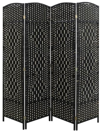 LW Collection Paravent Raumteiler Schwarz Rattan - Raumteiler 4 Paneele - Trennwand 170x160cm - Paravent Fertig