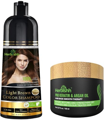 Herbishh Haarfarbe Shampoo für graues Haar 500ml + Argan-Haarmaske für trockenes oder geschädigtes Haar | Haarfarbe | Abdeckung graues Haar für Damen und Herren (Light Brown)