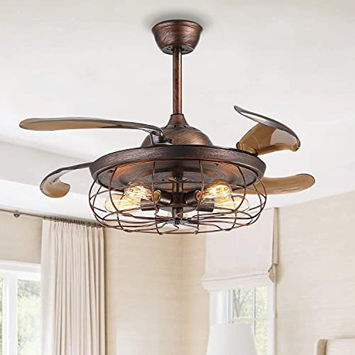 BMAES Ventilateur de Plafond Industriel rétro avec lumière et télécommande Ventilateur de Plafond à Lame rétractable réversible Lustre de Ventilateur en métal rouillé(Size:48 inches)