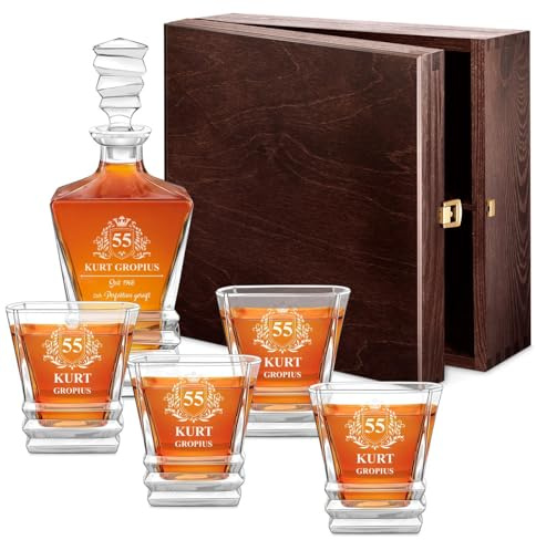 Maverton 800 ml Whisky Karaffe + 4 / 6er Whiskygläser Set mit Gravur - Whisky Dekanter aus Kristallglas - Whiskey Dekanter Set für Männer zum Geburtstag - zum Vatertag - Krone