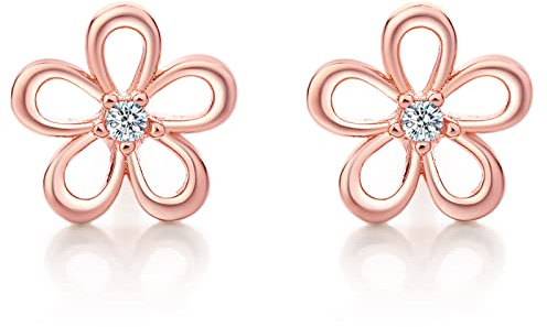 ZHOU LIU FU 925 Silber Ohrringe Rosegold Cubic Zirkonia Ohrstecker Blumen Design Lochmuster Ohrschmuck Geschenk für Damen Mutter Geburtstag Jahrestag Geschenk J099303