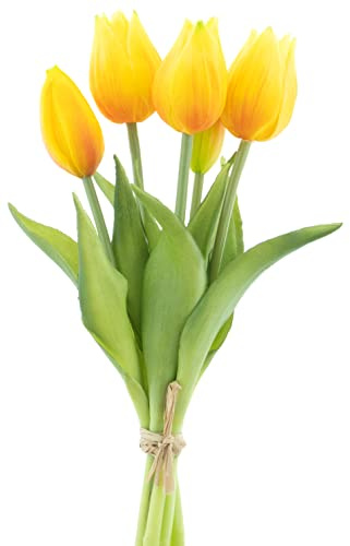 mucplants künstliche Tulpen ca. 26cm Tulpenbündel mit 3 Tulpen und 2 Tulpenknospen real Touch (Gelb)