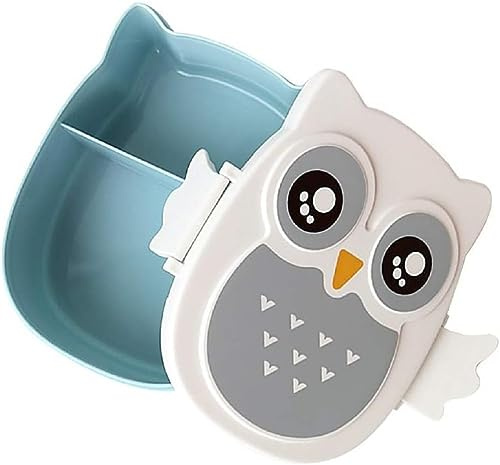 VollfitYYu Brotdose Bento Box mit 3 Fächern Tragbar Lunchbox Cartoon Eule Snackbox Brotzeitbox für Kindergarten Schule Arbeit Picknick Reise (Blau)