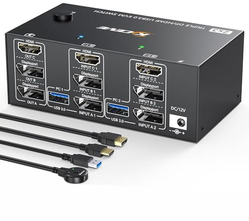 KCEVE KVM Switch 2 Computer 3 Monitore, USB 3.0 KVM Umschalter HDMI + DisplayPort, 8K@60Hz/4k@144Hz Dreifach Monitor KVM Switch für 2 Computer, 3 Displays, und 4 USB 3.0 Geräte