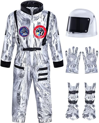 Cuffbow 4 Pcs Astronaut Costume Kids for Halloween, Space Helmet Jumpsuit Gloves Shoe Covers Set for Child Teen Boys(Silver,5-7 Years)