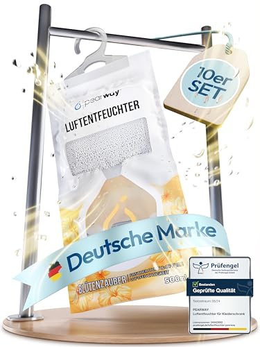 PEARWAY 10x XL 500ml Luftentfeuchter Beutel zum Aufhängen gegen Feuchtigkeit, Schimmel und Gerüche im Kleiderschrank und an feuchten Fenstern - Schrankentfeuchter zum Hängen