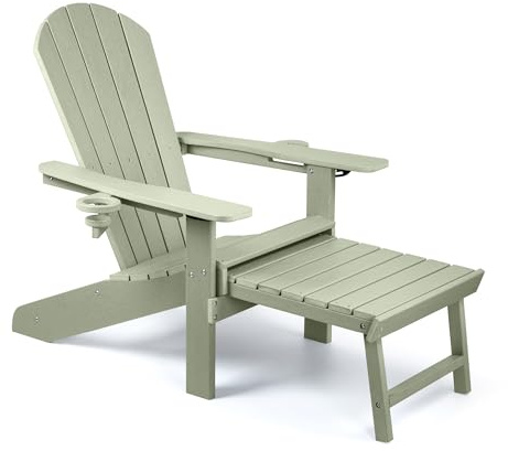 VonHaus Sage Green Adirondack Chair - Reclining Slatted Style Garden Chair with Pull-out Footrest - Durable Weather Resistant HDPE Plastic Outdoor Armchair for Patio & Decking - Westport