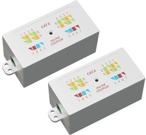 rhinocables RJ45 Inline Network Joiner | Cat 6 Gigabit Punchdown Krone Coupler for Solid LAN Cables | Colour-Coded IDC Termination Box for Tidy Internal Extensions & Cable Routing, White (Pack of 2)