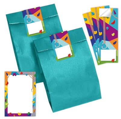 Minkocards 8 Mini-Notizblöcke + 8 Geschenktüten (Petrol) + 8 Aufkleber Klettern Bouldern Mitgebsel Mädchen Jungen Gastgeschenke für Kindergeburtstag Mädchengeburtstag Jungengeburtstag