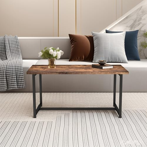 VERFARM Mesa de centro moderna rectangular, para sala de estar con marco de metal, diseño industrial, fácil montaje, mesa auxiliar de sofá de madera, 90 x 45 x 42 cm, marrón vintage